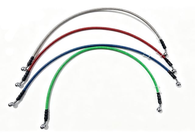 Durits de frein tressées argent, rouge, bleu et vert avec raccords noirs