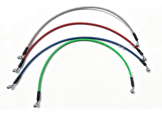 Braided brake hoses in silver, red, blue and green with black fittings