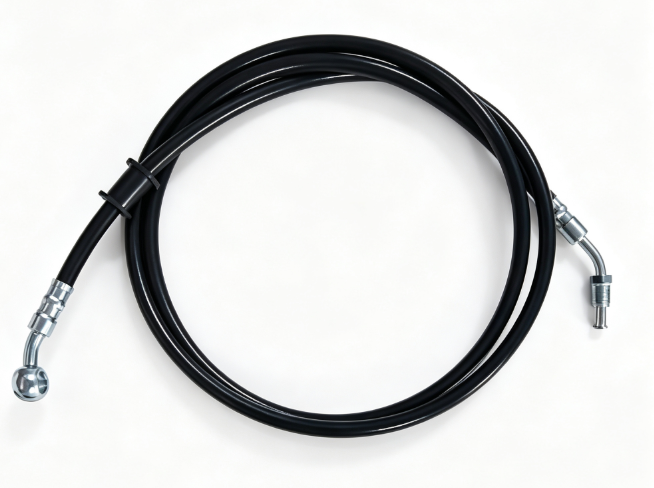 Black rubber hydraulic brake hose with chrome banjo fittings