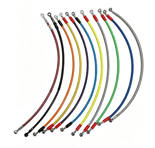 Twelve braided brake hoses in different colors fanned out