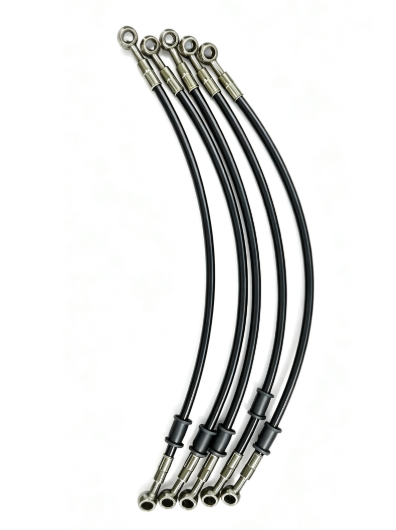 Set of five short black hydraulic brake lines with banjo ends