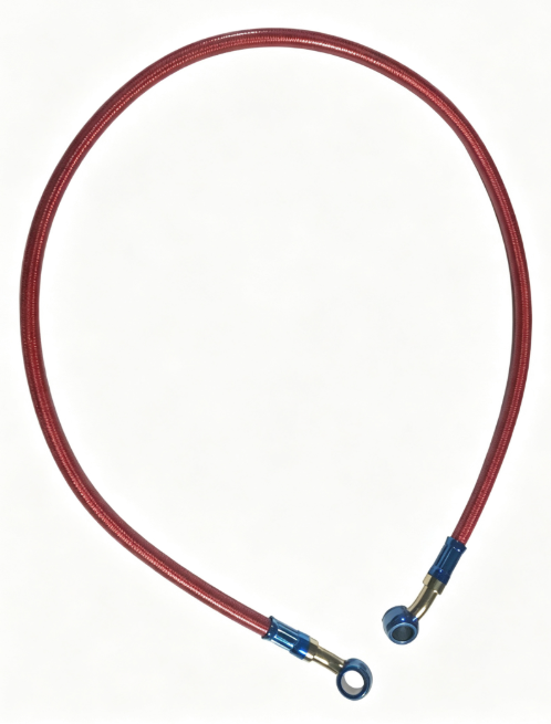 Red braided brake hose with blue aluminum banjo fittings
