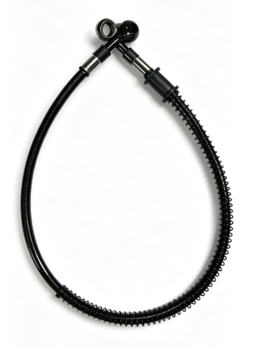 Black spring guard hose with straight fittings, teardrop shape