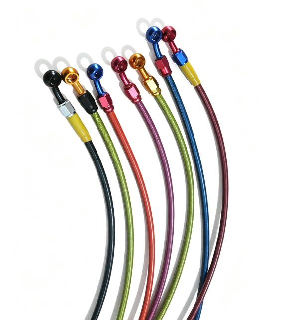 Seven braided brake hoses with colorful anodized banjo fittings