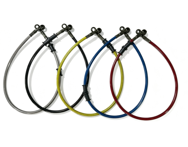 Five PVC brake hoses in silver, black, yellow, blue and red